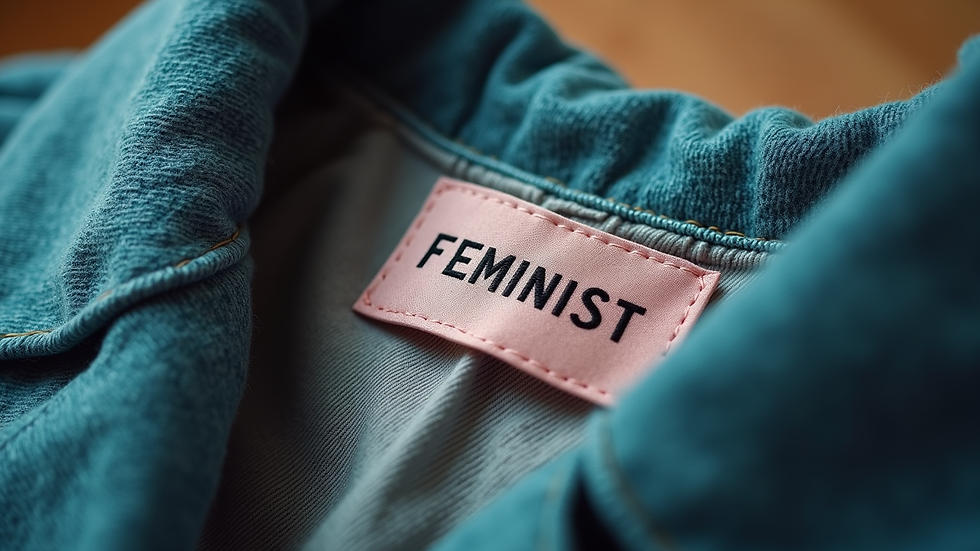 Close-up of a feminist clothing label sewn into a garment