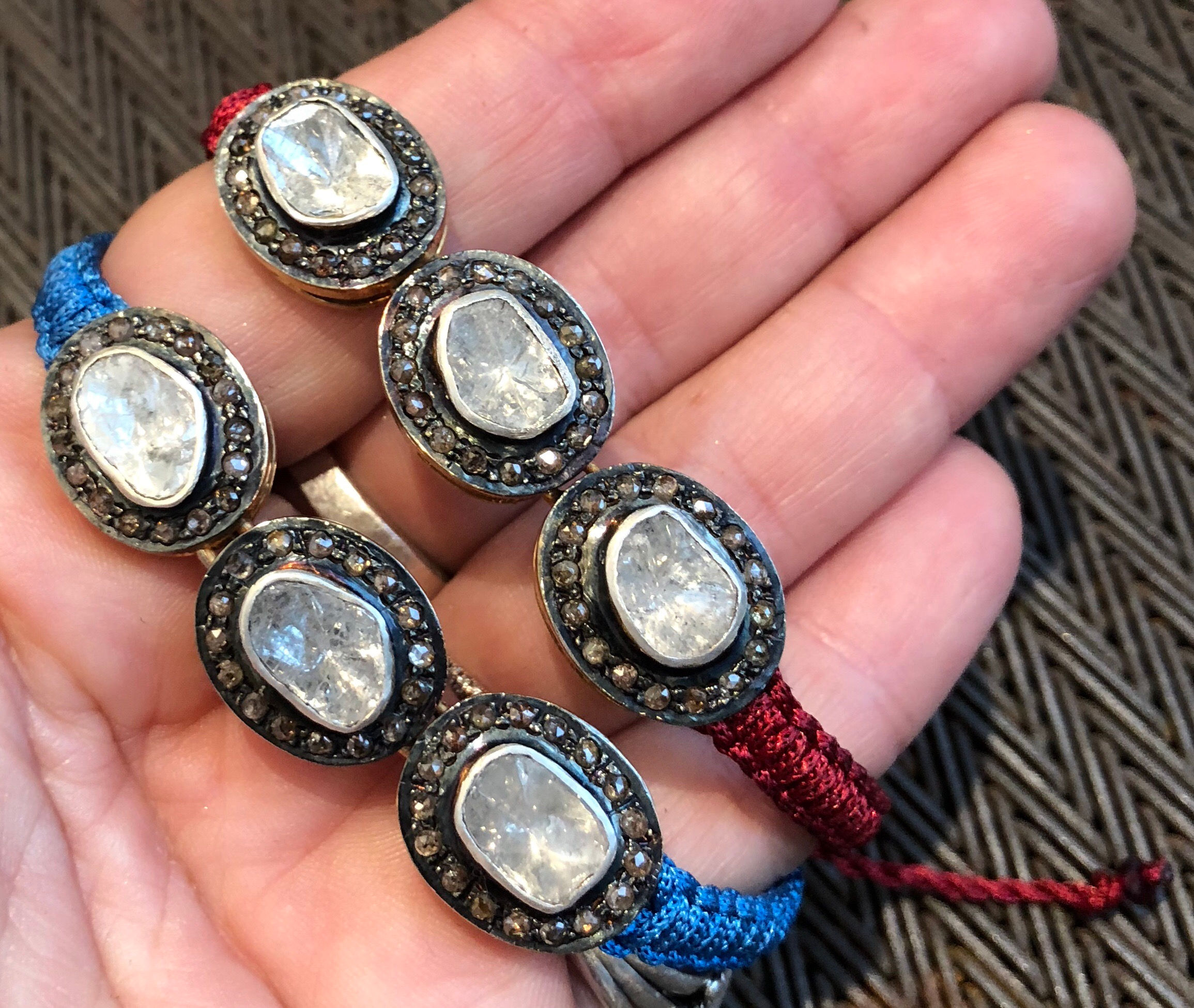 RED MACRAME BRACELET, ROSECUT & PAVE DIAMONDS. PRICED SEPARATELY