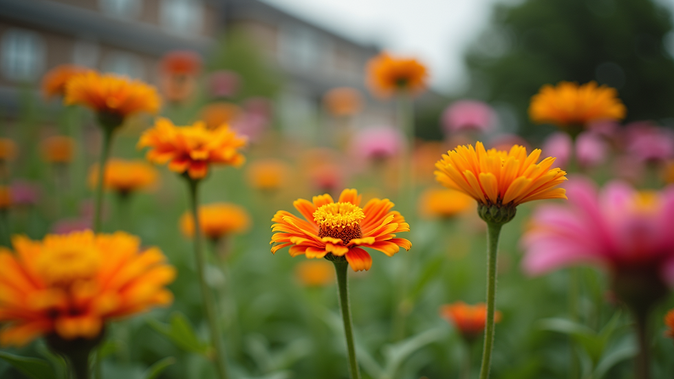Eye-level view of a community garden with vibrant flowers