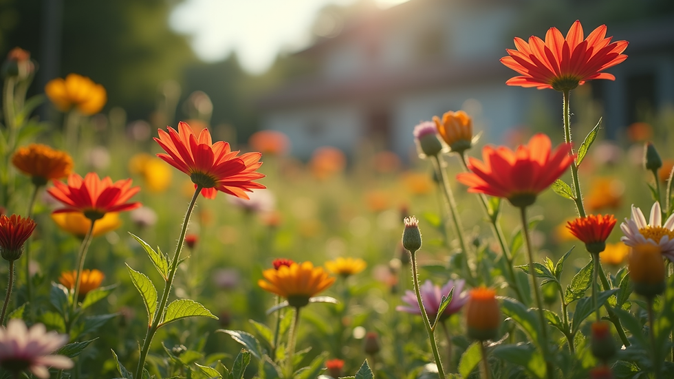 Eye-level view of a community garden with vibrant flowers