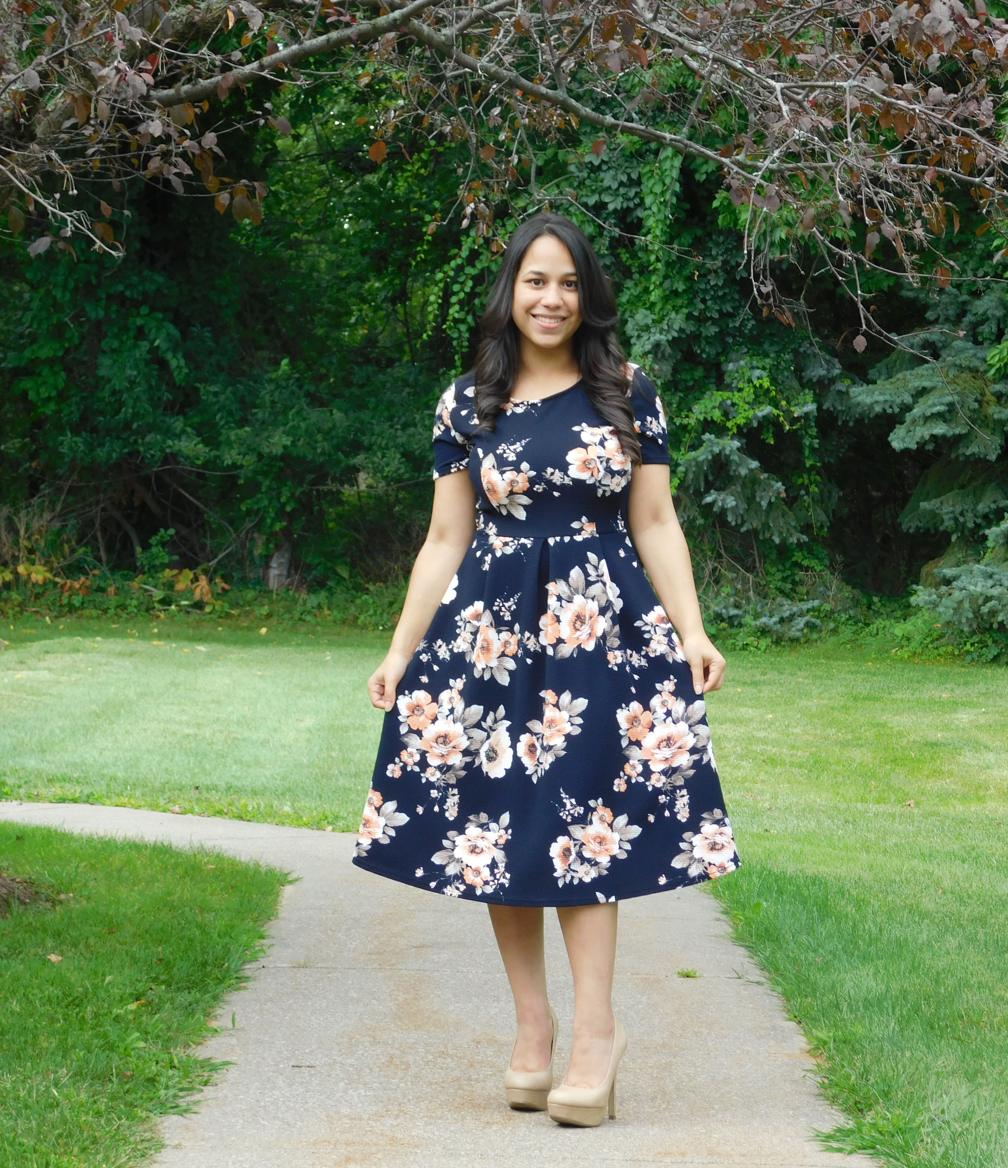 Paris Floral Midi Dress (Navy)