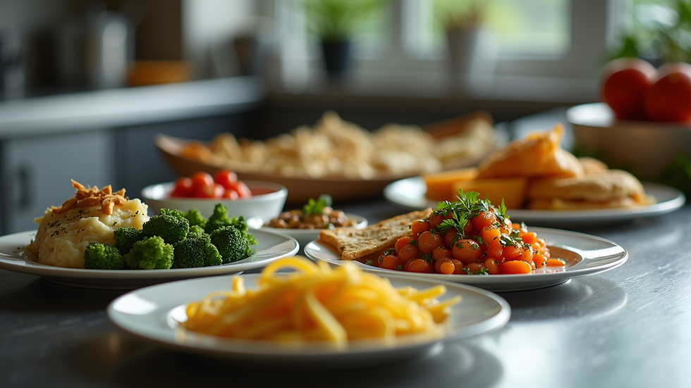 High angle view of a nutritious meal spread on a stainless steel table
