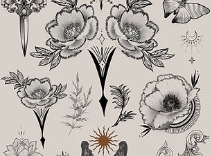 Botanical art nouveau inspired fine line etched tattoo designs