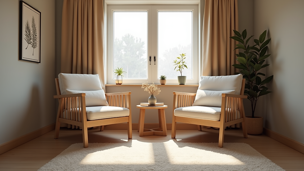 Eye-level view of a cozy therapy room with two chairs facing each other