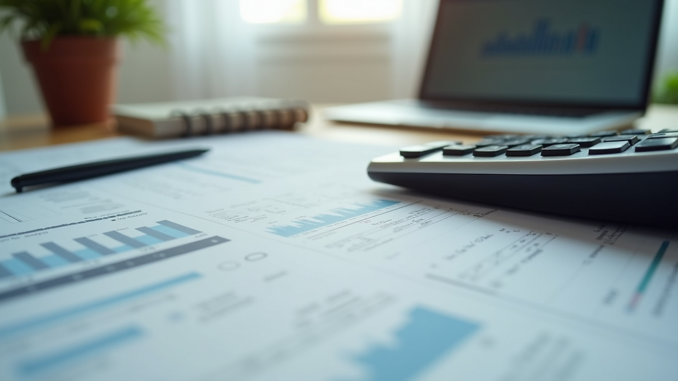 Eye-level view of a desk with financial documents and a calculator