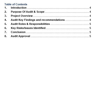 サムネイル： Project Audit Report Template Contents Page Word