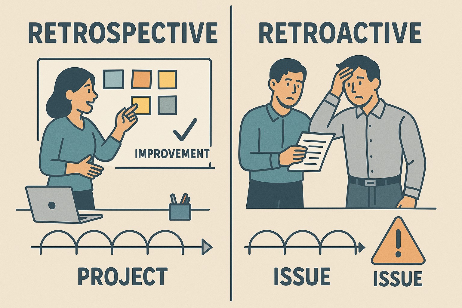 A graphic illustrating the difference between retrospective and retroactive approaches