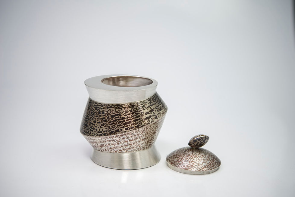 Dose, Zuckerdose, Kunsthandwerk, Mokume Gane, Shakudo, Shibuichi, Silber, Kupfer, Handarbeit