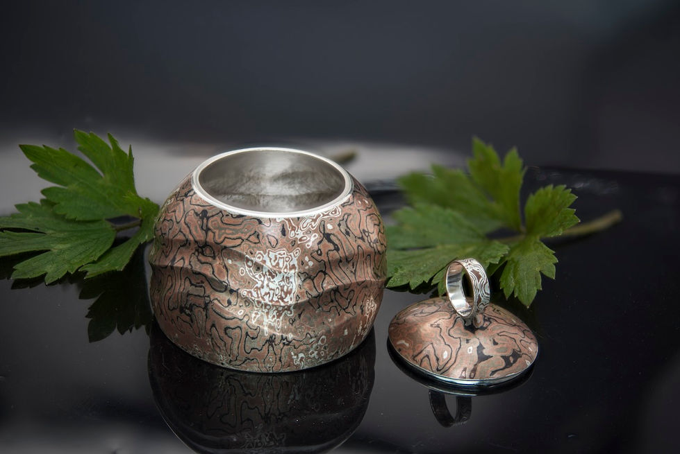 Mokume Gane, Silber, Kupfer, Shibuichi, Shakudo, handgeschmiedet, traditionell, Schmiedekunst, Dose, Zuckerdose