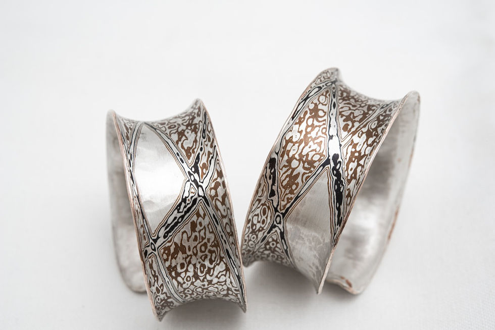 Mokumegane, Silber, Sterling, Kupfer, Kuroshibuichi, handgeschmiedet, Serviettenringe, Silberschmiedearbeit, Kunsthandwerk, Schmiedekunst