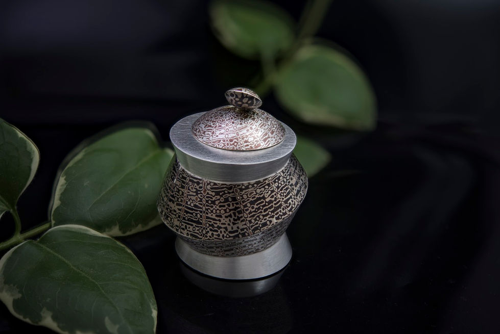 Dose, Zuckerdose, Kunsthandwerk, Mokume Gane, Shakudo, Shibuichi, Silber, Kupfer, Handarbeit