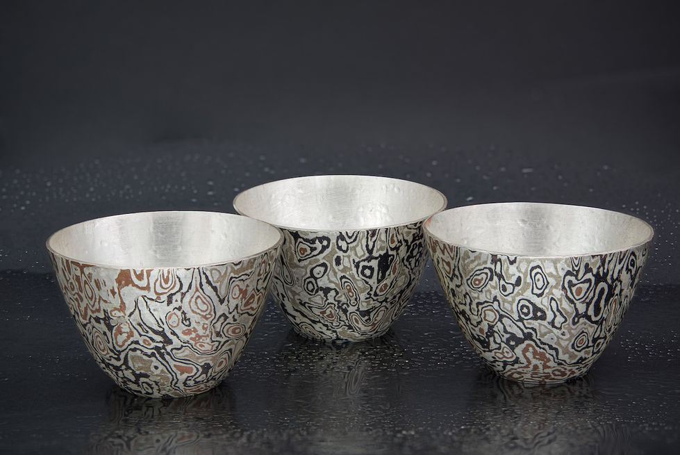 Mokumegane, Silber, Sterling, Kupfer, Shibuichi, Shakudo, handgeschmiedet, Becher, Sakebecher, Silberschmiedearbeit, Kunsthandwerk, Schmiedekunst