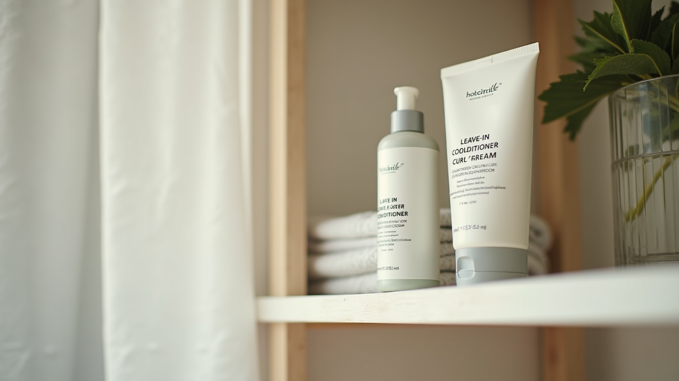 Eye-level view of a bottle of leave-in conditioner and curl cream on a bathroom shelf