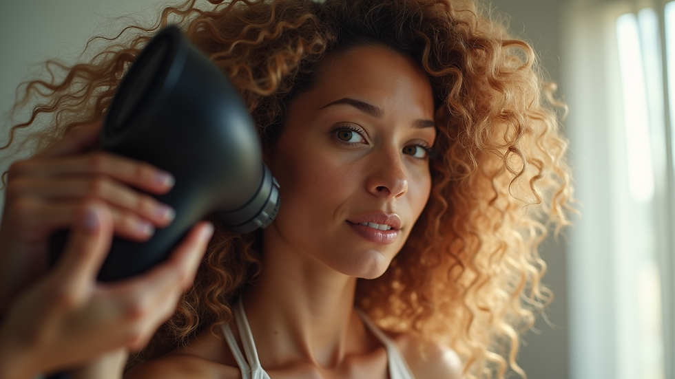 Eye-level view of curly hair drying with diffuser
