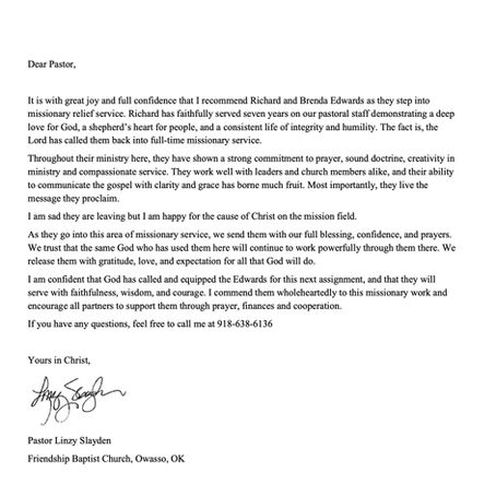 Pastoral Recommendation: Pastor Linzy Slayden