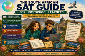 South African SAT guide poster for homeschool learners, with two students using a laptop, checklists, books, and mountain backdrop.