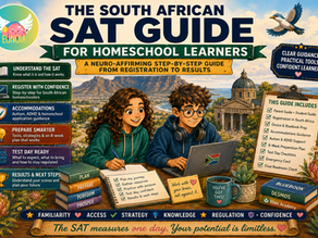 South African SAT guide poster for homeschool learners, with two students using a laptop, checklists, books, and mountain backdrop.