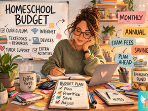 Woman planning homeschool budget at a desk with notes, laptop, and coffee. Whiteboard lists expenses. Cozy workspace with plants.