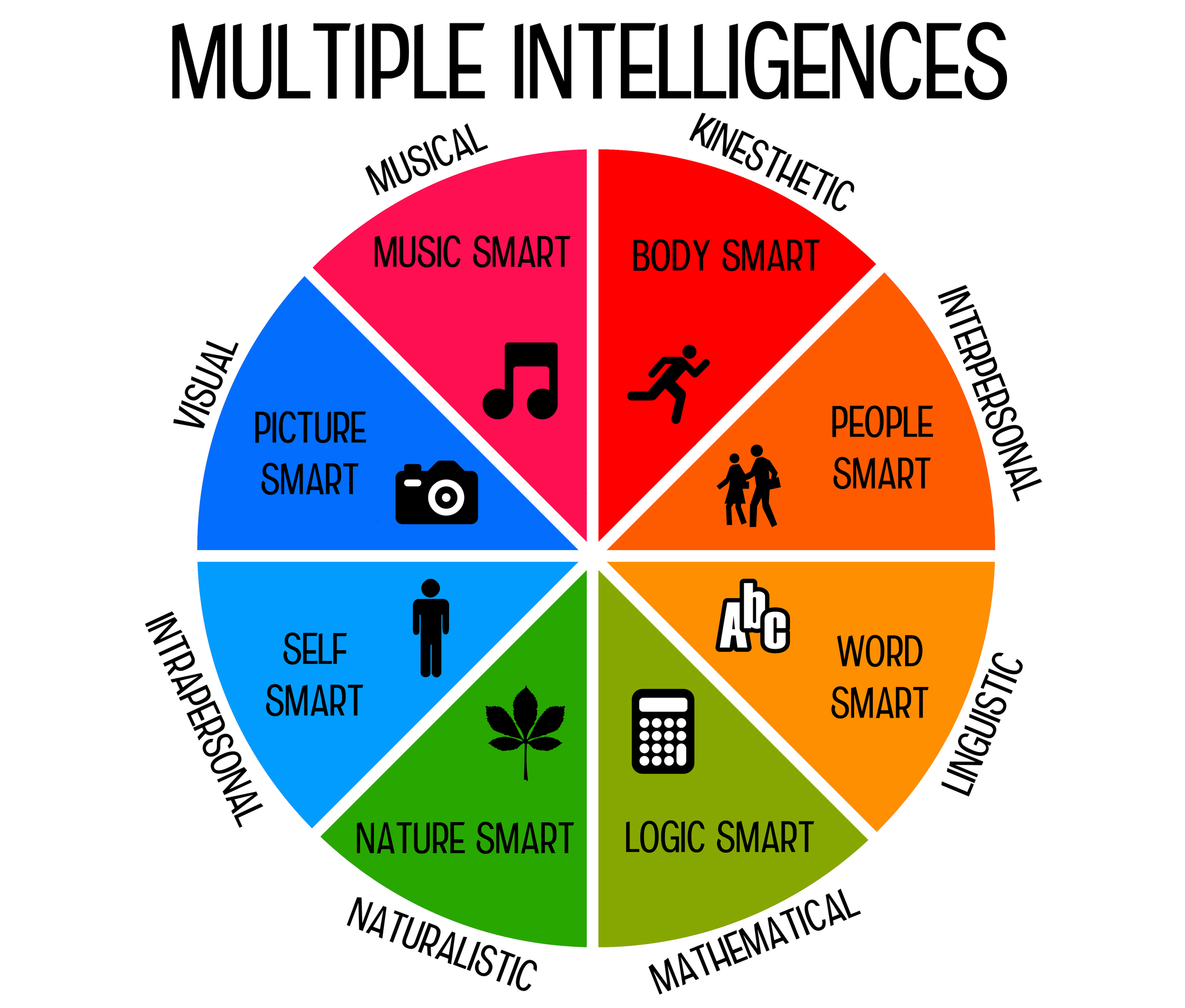 Colorful pie chart illustrating "Multiple Intelligences": Music, Body, People, Word, Logic, Nature, Self, and Picture.