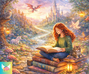 Young woman with long red hair reads on stacked books next to a cat. A dragon, unicorn, and fairy are nearby. A magical castle towers in the background.