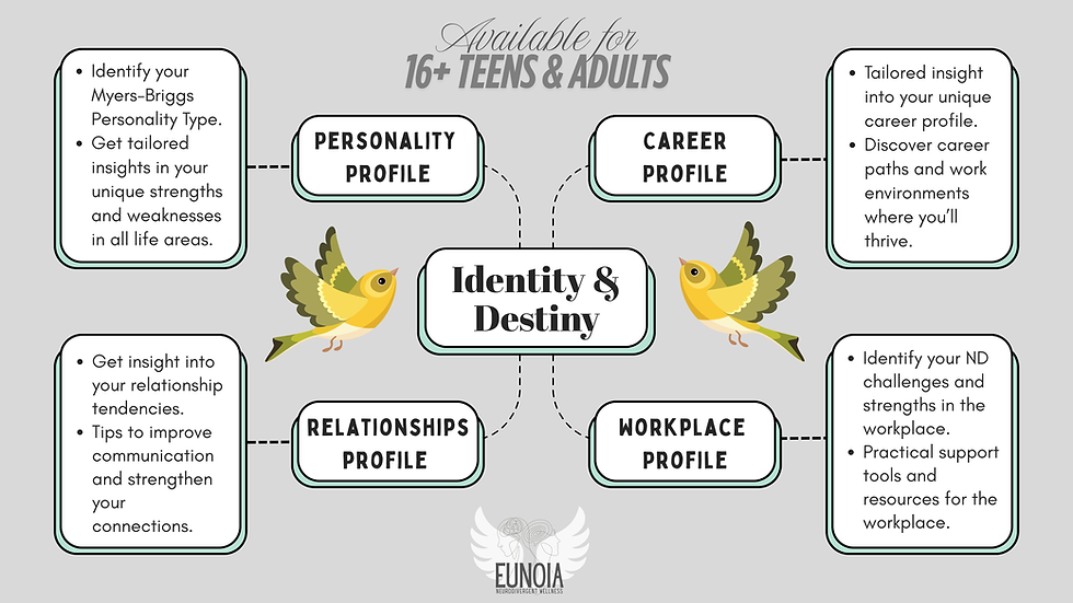 Chart with "Identity & Destiny" at center, surrounded by "Personality," "Career," "Relationships," and "Workplace" profiles. Two yellow birds.