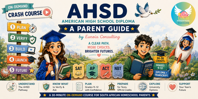 Colorful illustrated cover for Eunoia Homeschool’s American High School Diploma (AHSD):