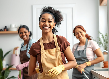 Create an image of housekeepers cleaning a home smiling.jpg