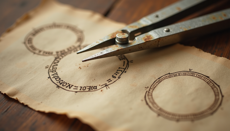 Eye-level view of an ancient geometric compass and straightedge on parchment with circle and square sketches