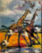 Silent Flight: Giraffes and Egrets Against a Brooding Sky