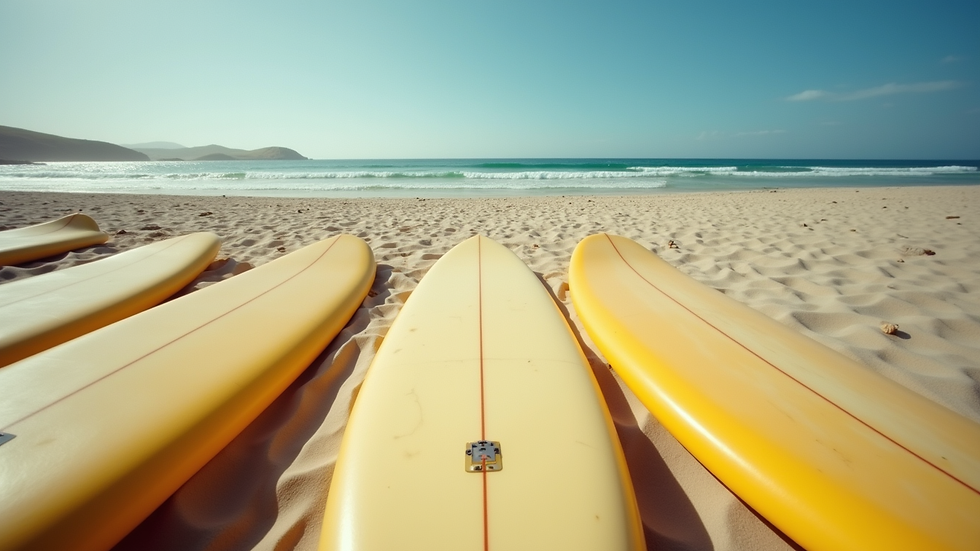 Eye-level view of surfboards lined up on the sandy beach in Imsouane