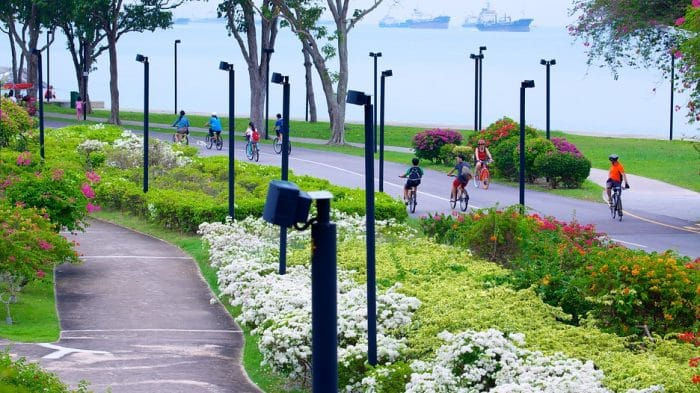 Scenic view of East Coast Park with families cycling and walking, near Vela Bay, Bayshore Road, Singapore