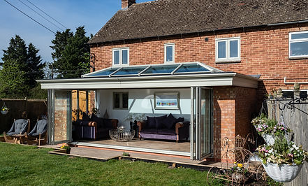 7.4 x 3m Olive Grey aluminium orangery with bi-fold doors and lantern roof (ref.turn)