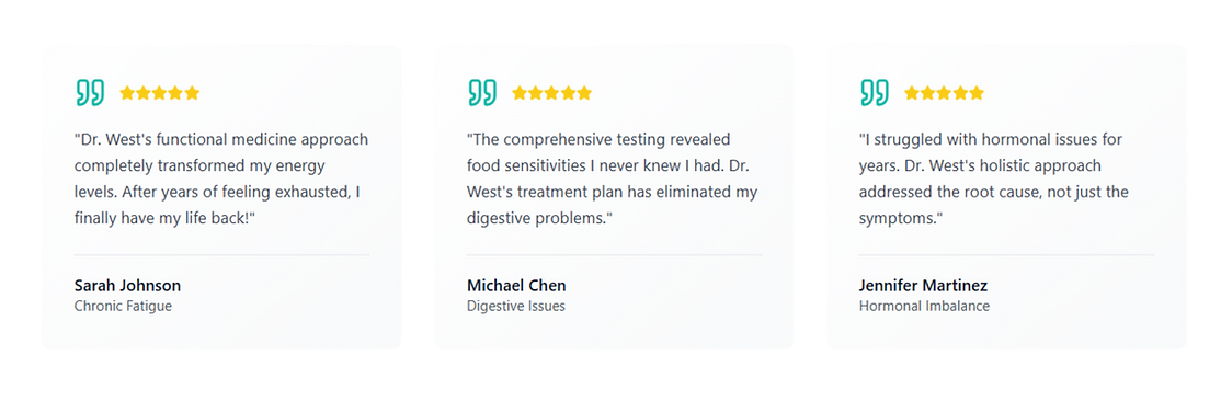 Dr. West's website showing three patient testimonials from Sarah Johnson, Michael Chen, and Jennifer Martinez,