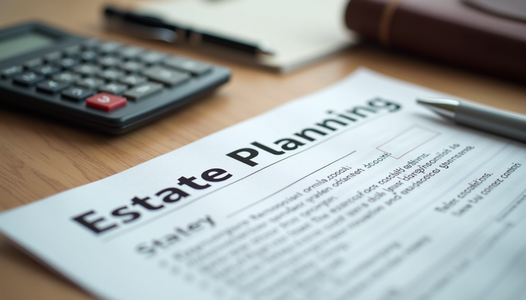 Eye-level view of a legal document with a pen and calculator on a wooden desk
