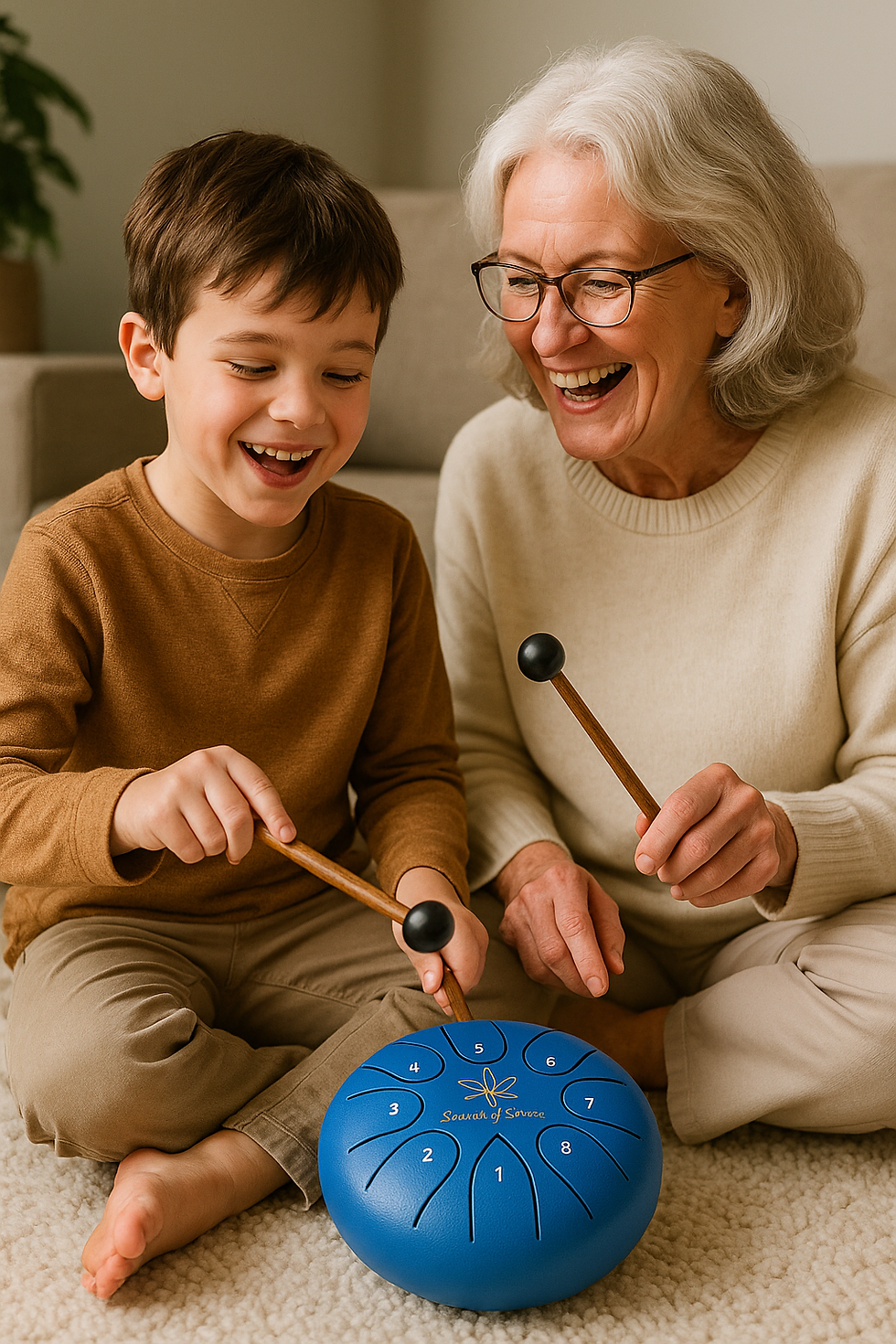 Smiling grandmother and young boy playing a blue steel tongue drum together on the floor