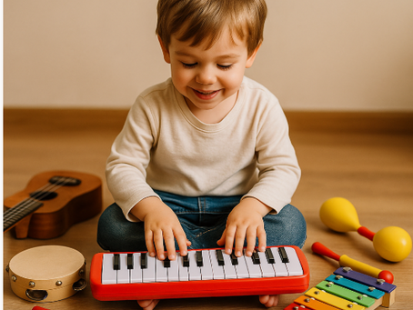 Preschool child playing a a wooden guitar, exploring music with joy