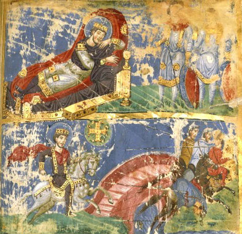 Sueño de Constantino antes de la batalla del Puente Milvio. In hoc signo vinces (Con este signo vencerás). Ilustración de las Homilías de san Gregorio Nacianceno, siglo IX.