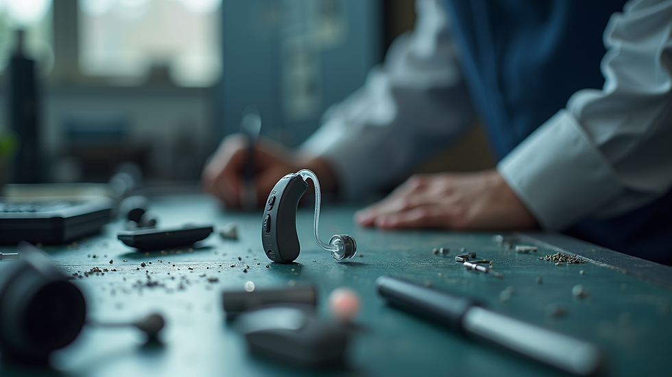 Close-up view of hearing aid device on a repair technician's workbench