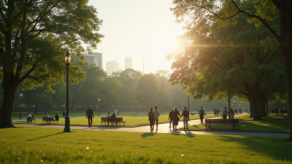 Wide angle view of a serene park setting with people walking and chatting