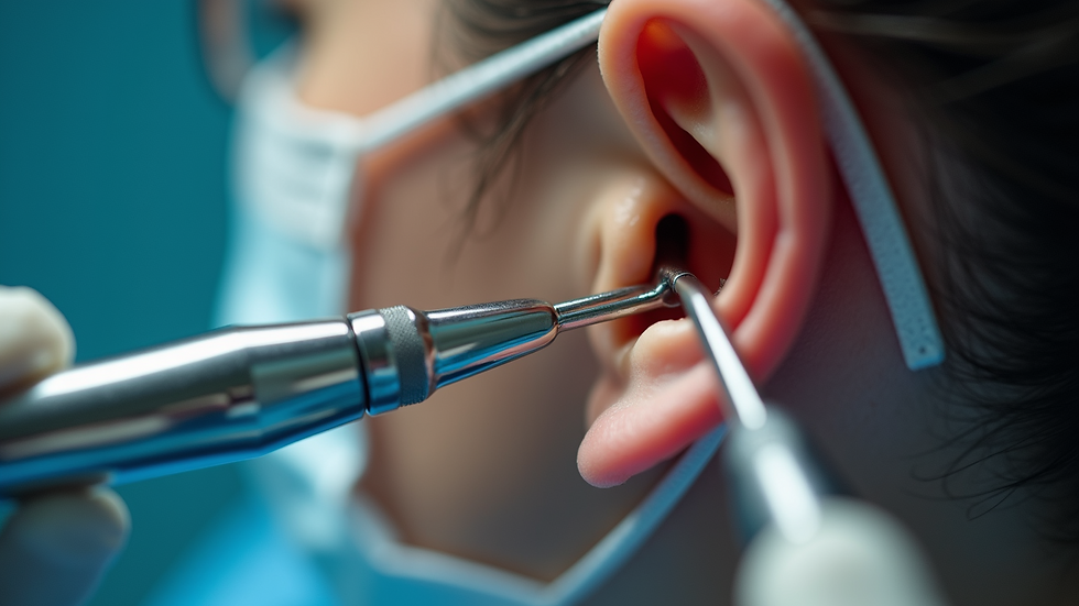 Close-up view of ear canal with medical instruments for cleaning