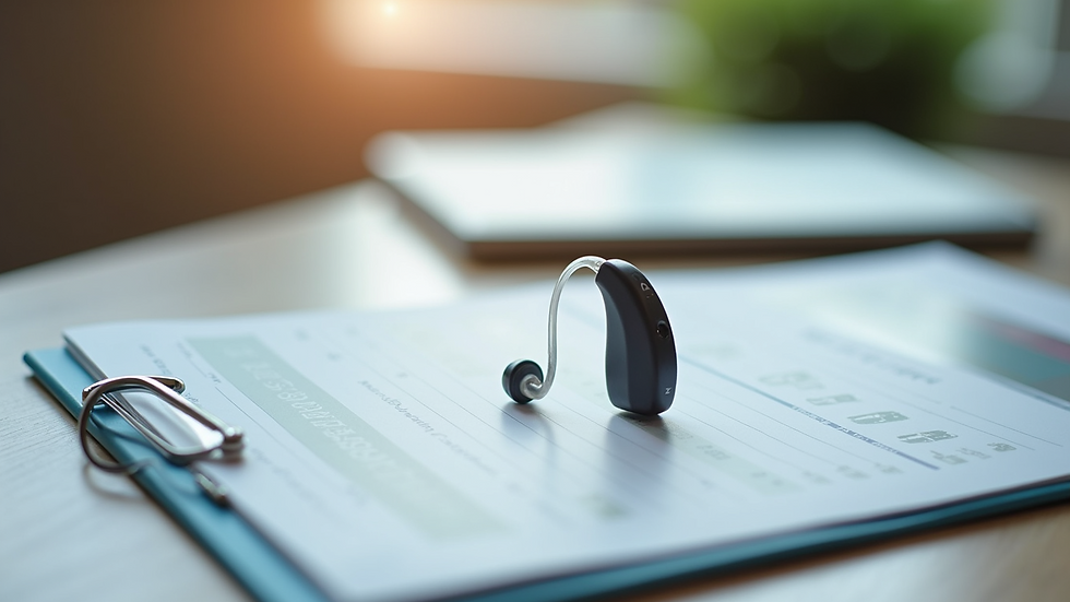 High angle view of a hearing aid and a payment plan brochure on a desk