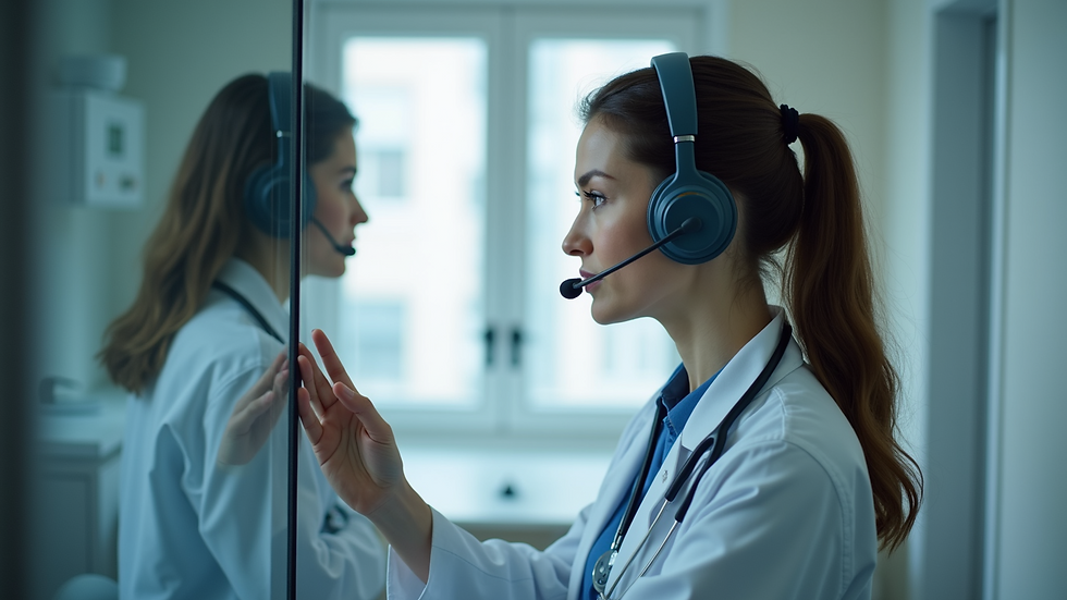 Eye-level view of audiologist testing hearing with headphones