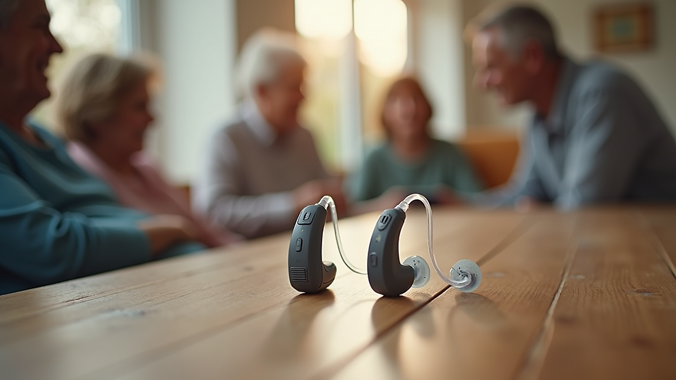 High angle view of hearing aid accessories on a wooden table