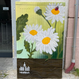Stromkasten besprüht mit grüner Farbe, weiße Blumen und Marienkäfer