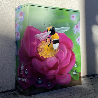 Stromkasten besprüht mit grüner Farbe, rote Rose und Hummel