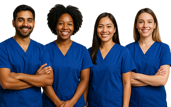 Group of diverse caregivers smiling together, representing a compassionate, professional, and culturally inclusive home care team.