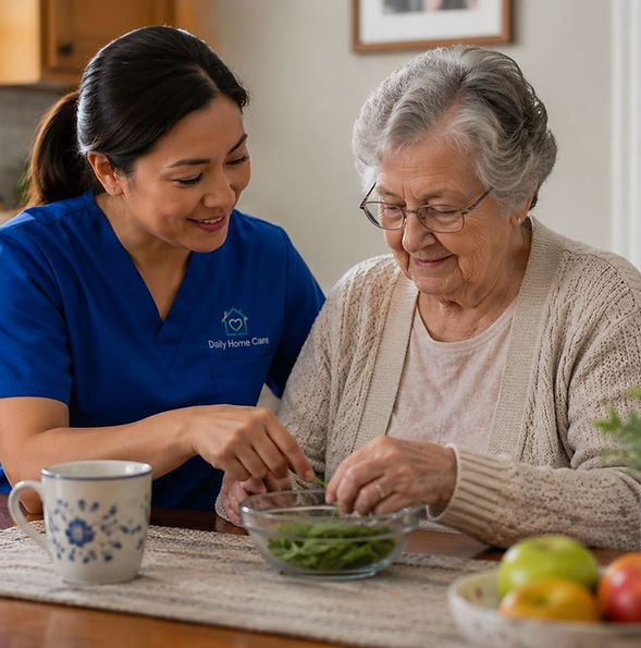 Caregiver supporting senior with familiar routines.