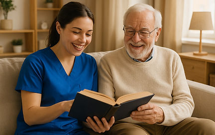 Friendly caregiver sharing conversation and companionship with older adult at home.