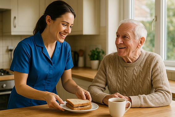 Caregiver offering comfort and emotional support to client receiving palliative home care.