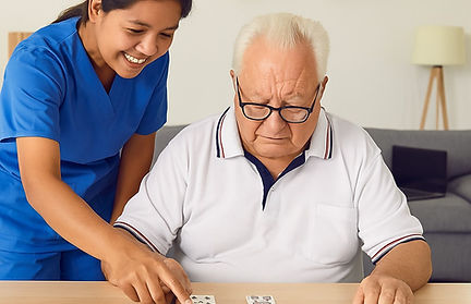 Trained caregiver supporting person with dementia through gentle interaction at home.